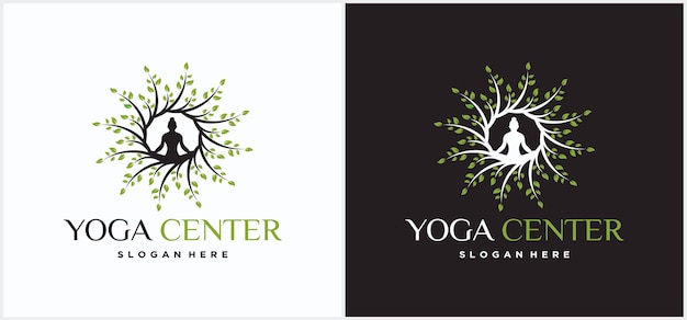 Meditación de hombre de diseño de logotipo de yoga en árbol plantilla de diseño de logotipo de yoga.