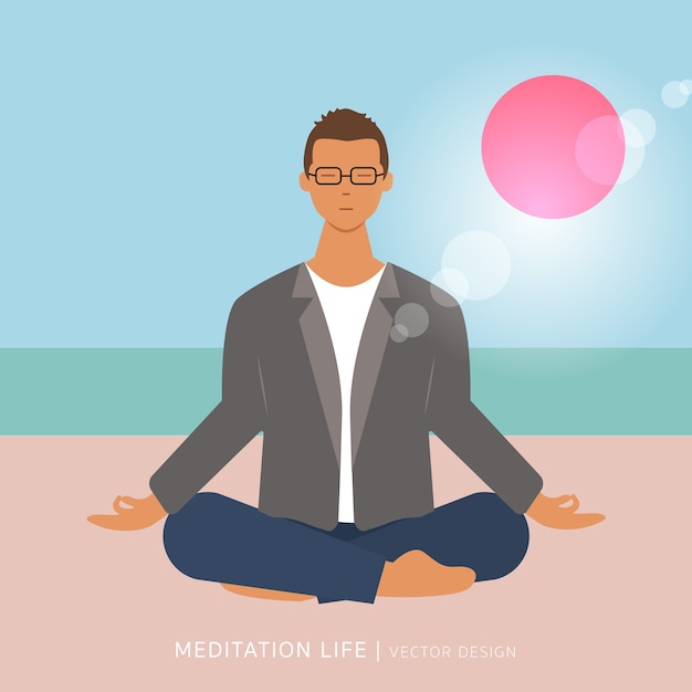 Vector meditación del hombre en el fondo de la playa de verano.