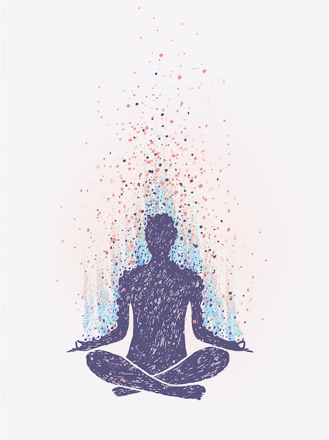 Meditación, iluminación. sensación de vibraciones. dibujado a mano ilustración colorida.