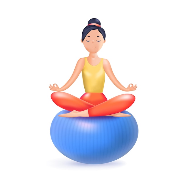 Meditación Ilustración 3D Feliz calma Mujer meditando Zen yoga meditación relajarse recreación estilo de vida saludable Armonía y equilibrio vida Psicología autocuidado vector 3D