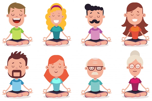 Meditación de jóvenes y personas mayores dedicadas al yoga.