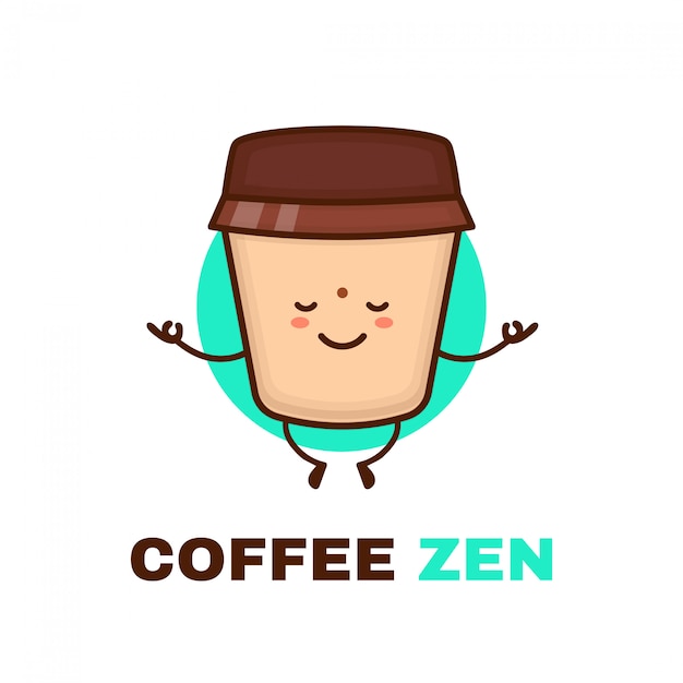 Meditación linda feliz sonriente taza de café. icono de ilustración de personaje de dibujos animados plana. aislado en blanco café, meditación, zen, relax, logo de yoga