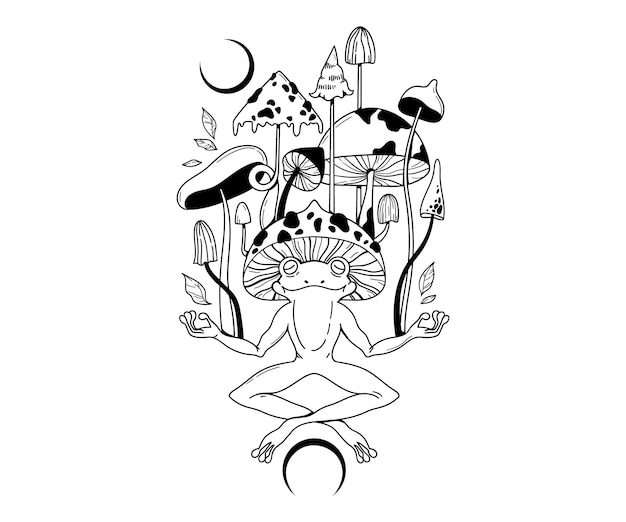 Meditación mística Rana y hongos mágicos clip art aislado vector de sapo celestial
