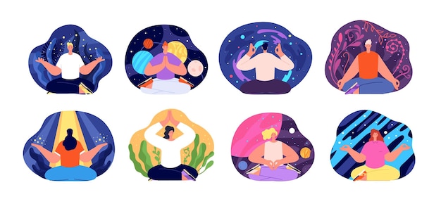 Meditación de personas Equilibrio mental mujer yoga meditar con los ojos cerrados Los hombres encuentran ideas creativas bienestar zen Persona tranquila relajarse conjunto de vectores completos