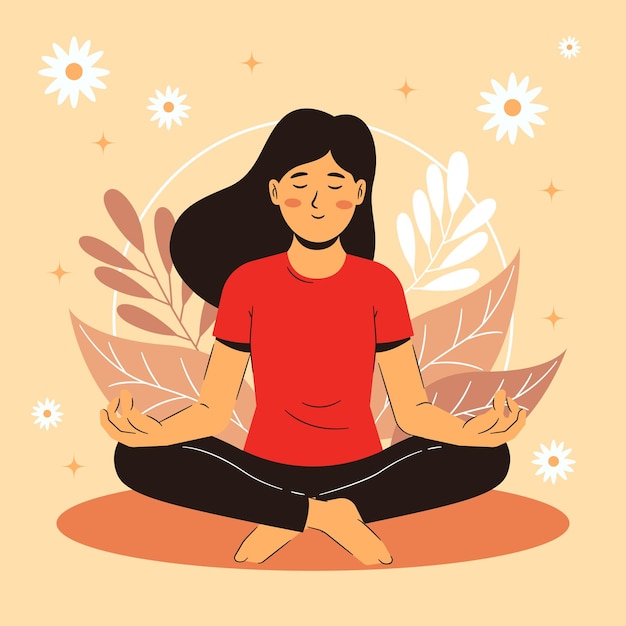 Meditación de yoga en la ilustración de vector de personaje plano de mujer