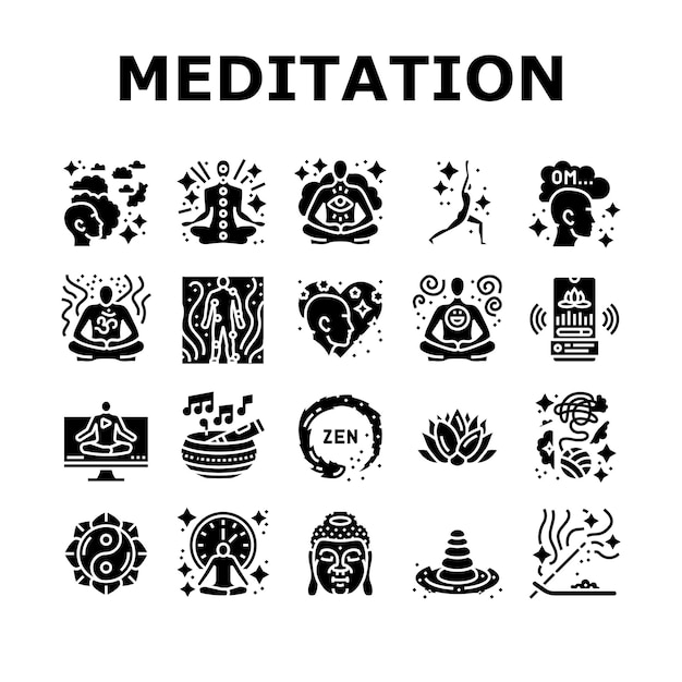 Meditación yoga relajación zen iconos conjunto vector