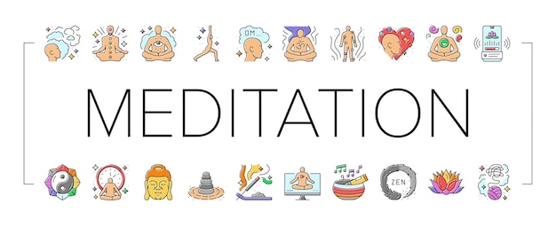 Meditación yoga relajación zen iconos conjunto vector