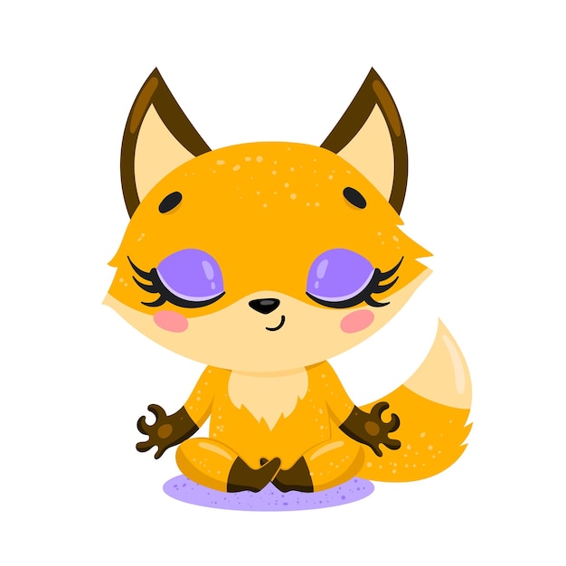 meditación de zorro de doodle de dibujos animados lindo plano. Los animales del bosque meditan. Animales, yoga