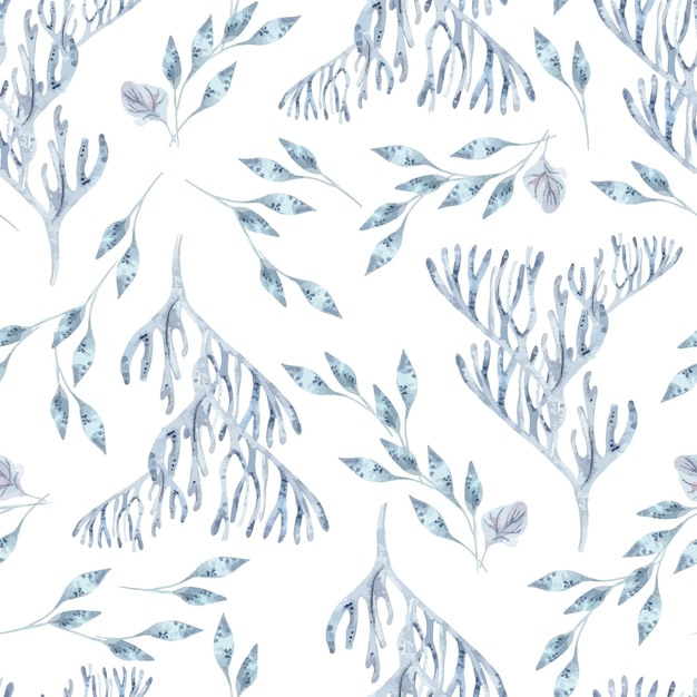 Mediterráneo monocromático azul acuarela patrón sin costuras aislado algas marinas y corales diseño de patrón azul pálido arrecifes y laminaria textura dibujada a mano plantas florales submarinas adorno repetido