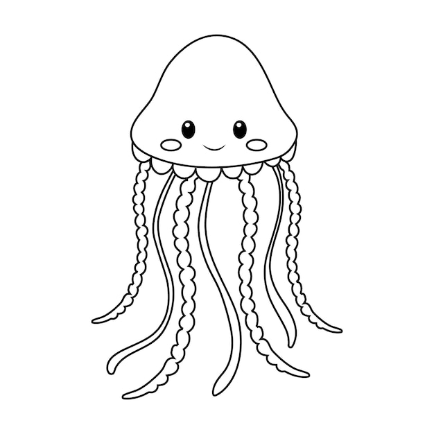 medusa con cara sonriente y largos tentáculos nadando en una ilustración del océano en estilo doodle