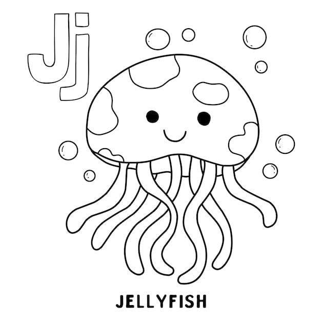 Medusas animales del alfabeto para colorear con dibujos animados de animales de letras dibujadas a mano de palabra