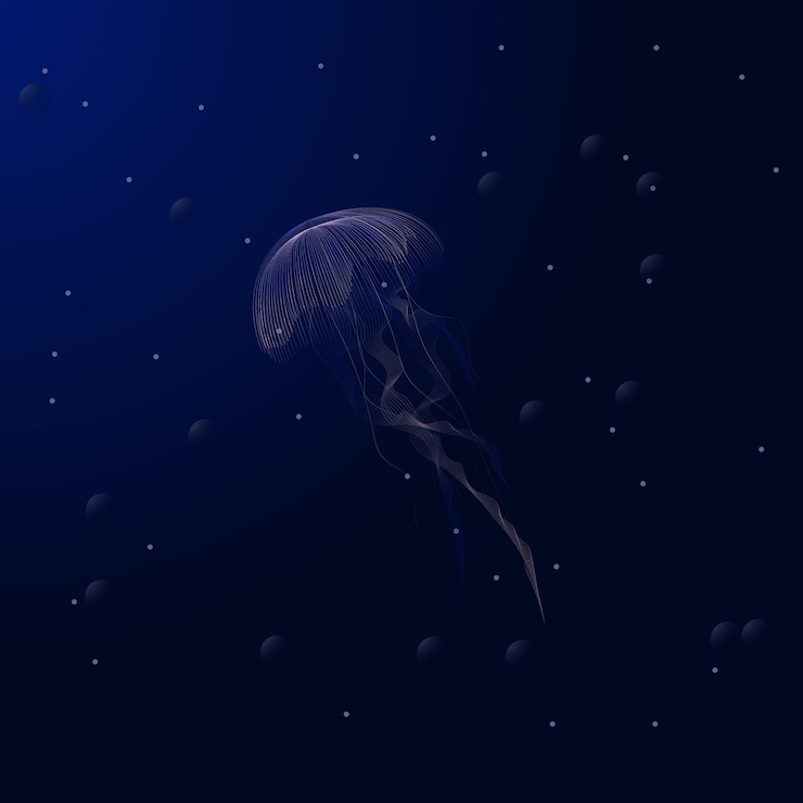 Vector medusas azul relámpago medusas venenosas en aguas profundas oscuras con plancton brillante en el océano profundo
