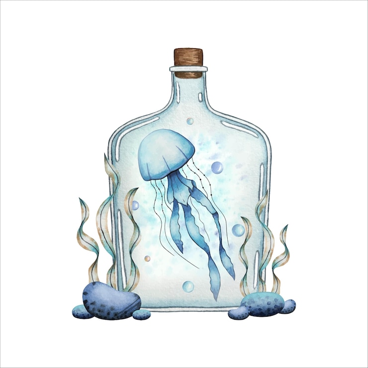 Vector medusas dentro de una botella mundo submarino ilustración de acuarela