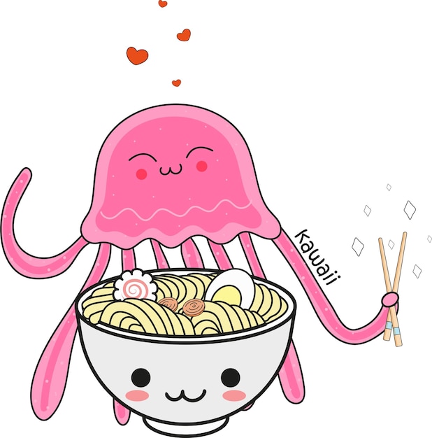 Medusas y un plato de fideos kawaii