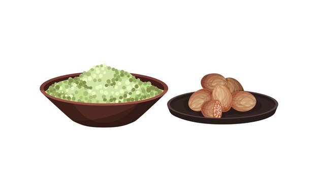 Meg Nut y Heap of Peppercorns en un cuenco como conjunto vectorial de especias y condimentos