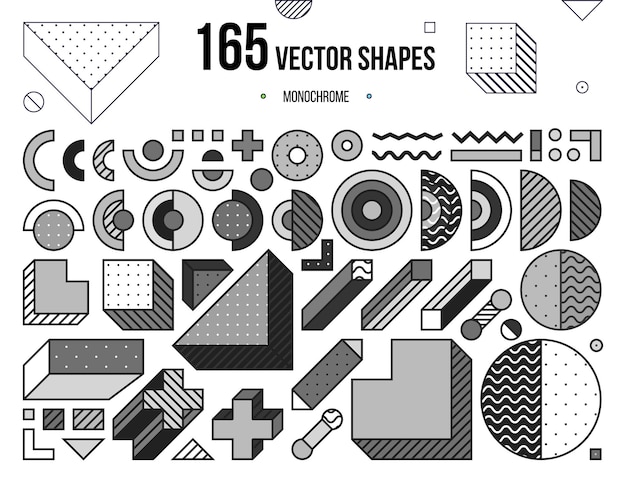 Mega colección con elementos de diseño, plantilla para tu proyecto, animación, publicidad, banner comercial, afiche, camiseta. Simples formas vectoriales de colores, en blanco y negro