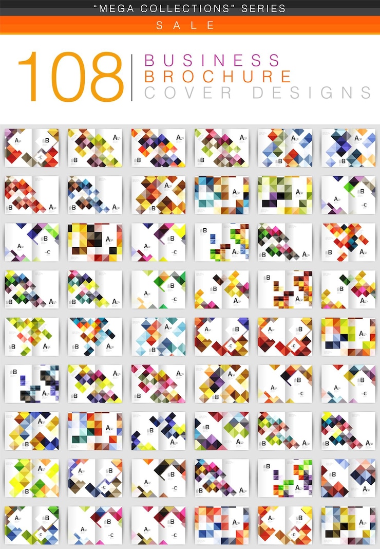 Vector mega conjunto de 108 plantillas de folletos de negocios geométricos cuadrados cuadrados brillantes de estilo origami de color en cubiertas de informes anuales de tamaño a4