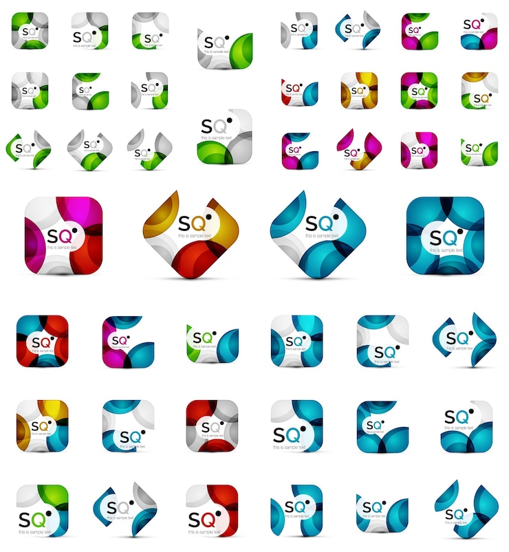 Vector mega conjunto de banderas cuadradas creadas con formas geométricas superpuestas círculos coloridos ilustración vectorial