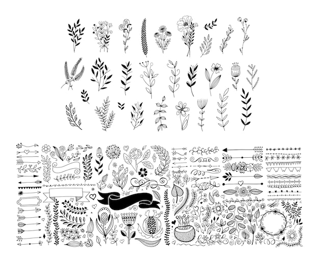 Mega conjunto de bordes de divisores de página de dibujo a mano y elementos de diseño floral de garabatos de flecha