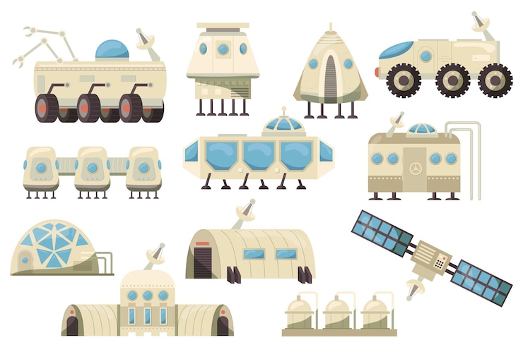 Vector mega conjunto de colonización de marte en diseño plano bundle elementos de maquinaria rovers satélites y robots equipos para la exploración espacial estación de misión ilustración vectorial objetos gráficos aislados