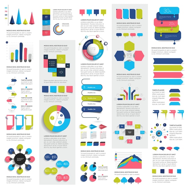 Mega conjunto de elementos infográficos, gráficos, gráficos, gráficos circulares, diagramas, burbujas de discurso.