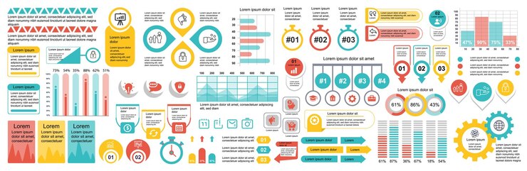 Vector mega conjunto de elementos infográficos plantilla de diseño vectorial de visualización de datos se puede usar para opciones de pasos diagrama de flujo de trabajo de procesos de negocios diagrama de flujo línea de tiempo de marketing paquete de infografías
