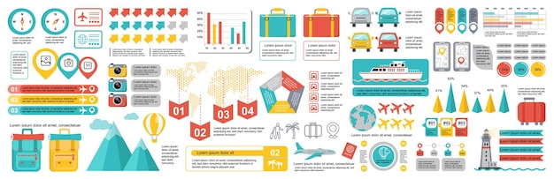 Mega conjunto de elementos infográficos de viajes plantilla de diseño vectorial de visualización de datos Se puede usar para opciones de pasos Diagrama de flujo de trabajo de procesos de negocios Diagrama de flujo línea de tiempo Infografía de paquete