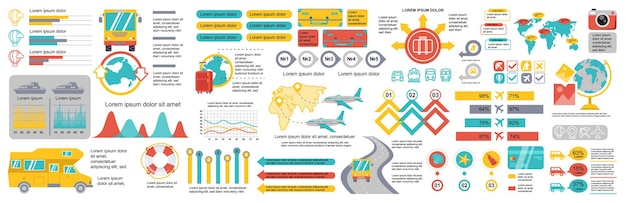 Mega conjunto de elementos infográficos de viajes plantilla de diseño vectorial de visualización de datos Se puede usar para opciones de pasos Diagrama de flujo de trabajo de procesos de negocios Diagrama de flujo línea de tiempo Infografía de paquete