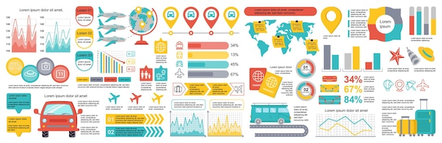 Mega conjunto de elementos infográficos de viajes plantilla de diseño vectorial de visualización de datos Se puede usar para opciones de pasos Diagrama de flujo de trabajo de procesos de negocios Diagrama de flujo línea de tiempo Infografía de paquete