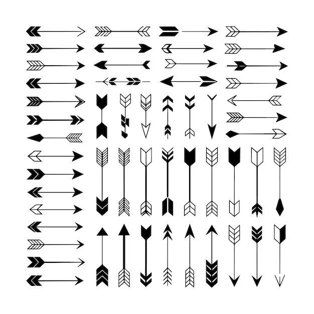 Mega conjunto de flechas vectoriales Flechas de silueta negra Íconos de estilo plano Conjunto de íconos de flecha aislados en whi
