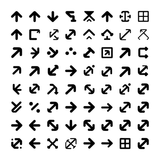 Mega conjunto de flechas vectoriales Flechas de silueta negra Íconos de estilo plano Conjunto de íconos de flecha aislados en whi