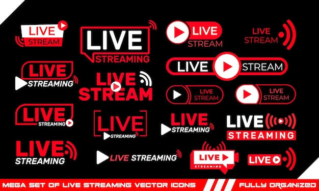 Mega conjunto de iconos vectoriales de transmisión en vivo establece botones rojos de transmisión en vivo