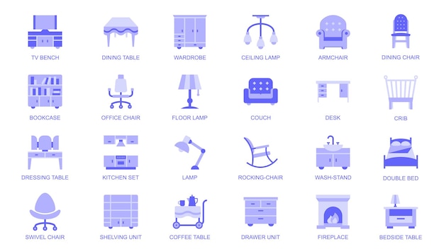 Mega conjunto de muebles de biblioteca en diseño gráfico de dibujos animados Elementos de paquete de estantería pila de libros sillón escritorio con computadora escalera lámpara planta estanterías de libros ilustración vectorial objetos aislados