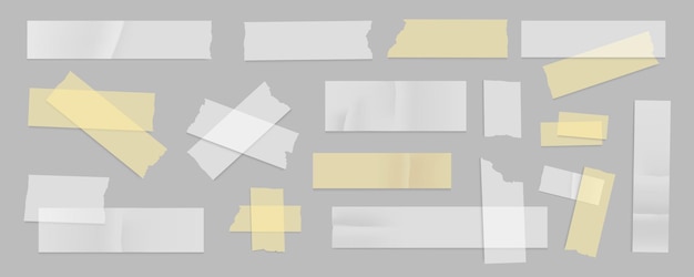 Mega conjunto de tiras de papel pegajosas en diseño gráfico plano Colección de elementos de diferentes cintas adhesivas transparentes con bordes rasgados templos escoceses rasgados blancos y amarillos Ilustración vectorial