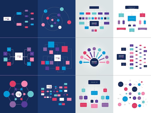 Mega conjunto de varios diagramas de esquemas de diagramas de flujo Elementos infográficos editables simplemente en colorxA