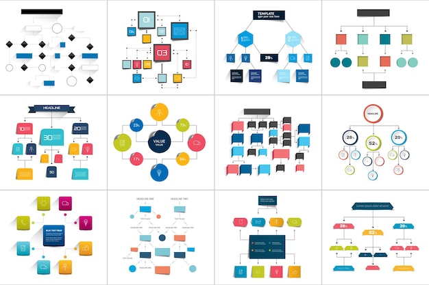 Vector mega conjunto de varios diagramas de esquemas de diagramas de flujo simplemente elementos infográficos editables en color