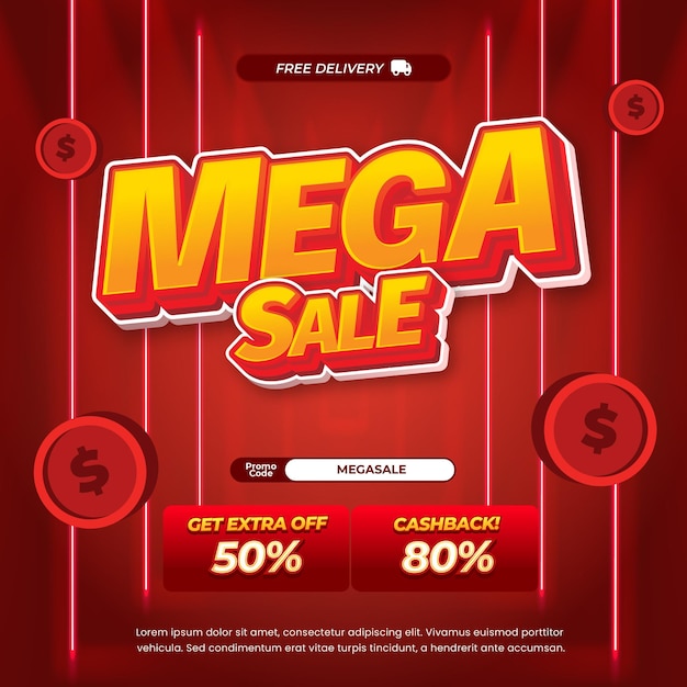 Mega día de compras ofertas de descuento de ventas Gradiente rojo Efecto de texto editable Estilo de túnel de neón