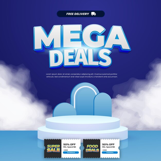 Mega día de compras Ventas ofertas de descuento mezcla azul Efecto de texto editable Banner de podio sencillo