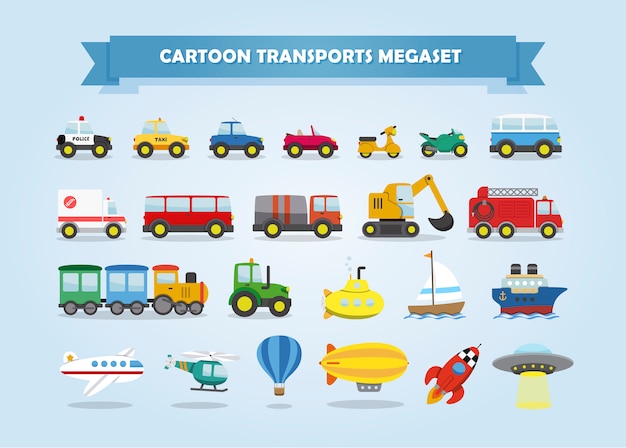 Mega set de autos, vehículos y otros transportes. Estilo de dibujos animados divertidos para niños.