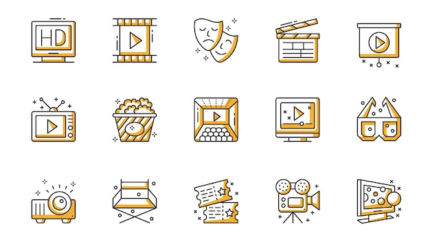 Mega set de la industria del cine en diseño plano Elementos agrupados de la silla clapperboard palomitas de maíz foco cámara gafas 3D entradas carrete de película y otros objetos gráficos aislados de ilustración vectorial