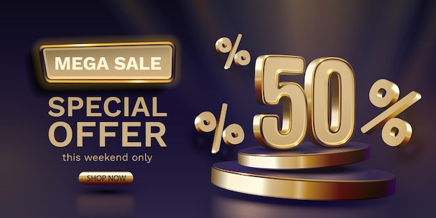 Mega venta 50 oferta especial banner cartel dorado promoción Vector