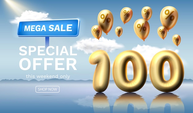Mega venta oferta especial 100 descuento número de descuento de globos contra el fondo celeste