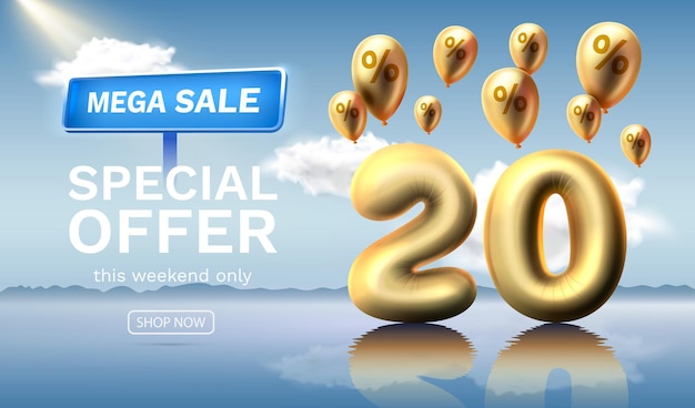 Mega venta oferta especial 20 descuento número de descuento de globos contra el fondo celeste