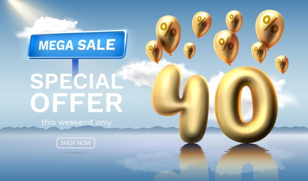 Mega venta oferta especial 40 descuento número de descuento de globos contra el fondo celeste