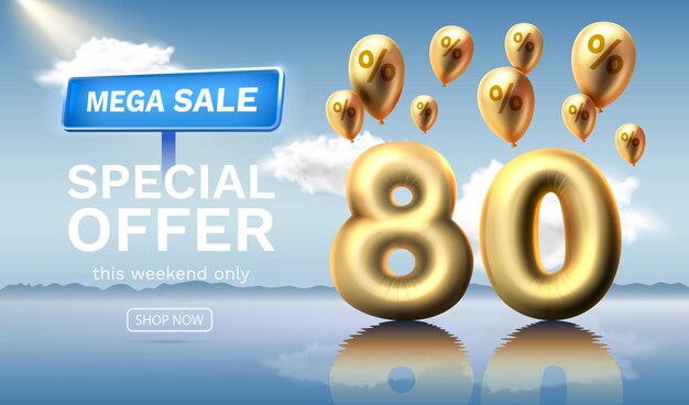 Mega venta oferta especial 80 descuento número de descuento de globos contra el fondo celeste