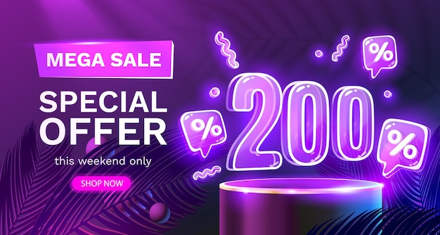 Mega venta oferta especial neon 200 fuera de venta banner letrero promoción vector ilustración