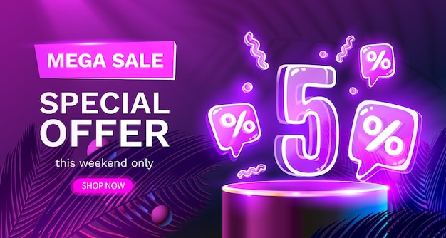 Mega venta oferta especial Neon 5 fuera de venta banner Letrero promoción Vector ilustración