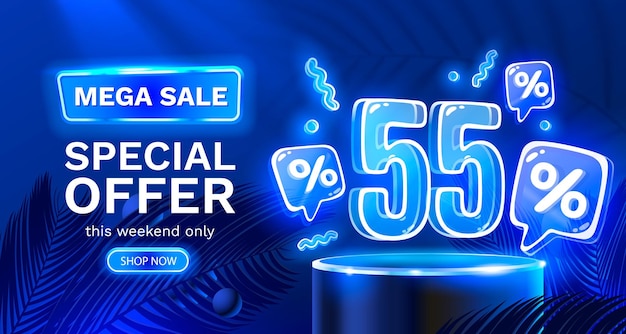 Mega venta oferta especial neon 55 fuera de venta banner letrero promoción vector