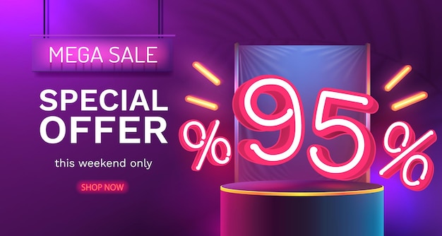 Mega venta oferta especial neon 95 fuera de venta banner letrero promoción vector