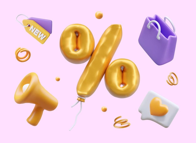 Megafón 3D bolsa de compras etiqueta como icono festivo globo de oro descuento elementos decorativos